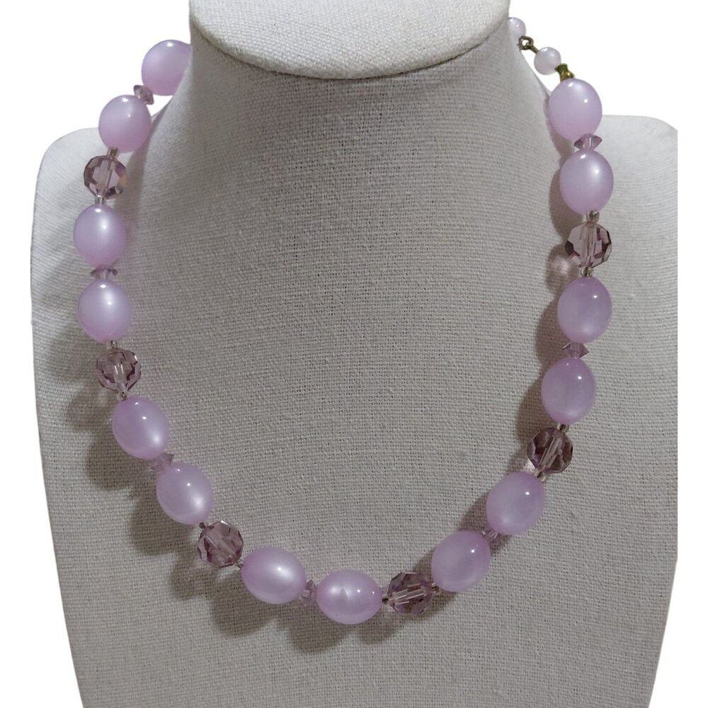 Vintage Moonglow Purple Lavender Bead Necklace Crystal Accents Hook Clasp 13-16"
